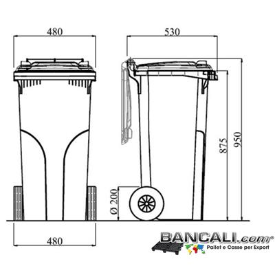 Bin120LRuoteJ - Cassonetto per Rifiuti 120 Litri in plastica di vari colori per la Raccolta Differenziata Altezza 950 mm Larghezza 480 mm. Lunghezza 530 mm. con 2 Ruote in gomma piena Peso Tara 7,5 Kg