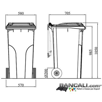 Bin240LRuoteJ - Cassonetto per Rifiuti 240 Litri in plastica di vari colori per la Raccolta Differenziata Altezza 1050 mm Larghezza 705 mm Lunghezza 580 mm con 2 Ruote in gomma piena Peso Tara 11 Kg