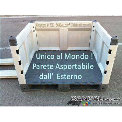 BoxKIT100x120h72D - Pallet Box in Plastica con Pareti Removibili dall'Esterno 1000x1200 h. 714mm. Dotato di 4 Piantoni Brevettati per la chiusura combinata di ciascuna Parete in modo indipendente. Inforcabile 4 Vie Carrelo e 2 Vie Transpallet. HDPE Speciale Tara Peso: 39 Kg.