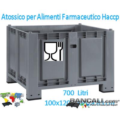 CargoPallet-700L-100x120h83-Atossico - Contenitore in plastica 1000x1200 x h.830 mm. CassaPallet con misure interne: 920x1120x h.655 mm con 4 piedi e inforcabile su tutti i 4 Lati. Sovrapponibile e Accatastabile. Peso Tara con Coperchio Kg. 34. Realizzato con Plastiche nobili Vergini.