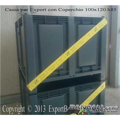 Contenitore in plastica 1000x1200 x h.830 mm per Export;  Cassa con misure interne: 920x1120x h.655 mm con 4 piedi e inforcabile su tutti i 4 Lati. Sovrapponibile e Accatastabile. Peso Tara con Coperchio Kg. 34