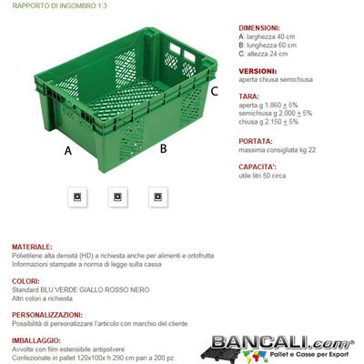 Cassetta in plastica (HDPE) per ortofrutta, sovrapponibile, capacità 40 Lt,  Mis. 530 L x 360 P x 310 H mm, base e pareti chiuse : : Fai da te