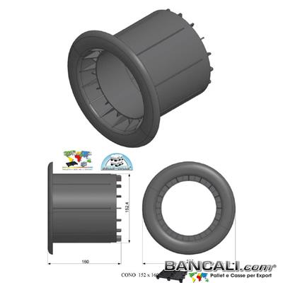 Cono152P6q15Ly - Cono Plug in plastica con Diametro da 6" Pollici o 152 mm. e con profondit&agrave; da 160 mm. Tronchetto Mandrino per Flange sia in legno che in plastica, per Bobine Cilindri Pellicole Film. Portata 15 Q.li  la coppia. Peso Tara: 450 Gr.