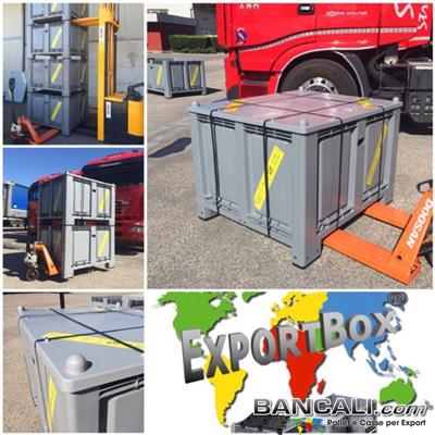 ExportBox® Contenitore in plastica 1000x1200 x h.840 mm per Export;  Cassa con misure interne: 920x1120x h.655 mm comprensiva di Coperchio, con 4 piedi e inforcabile su tutti i 4 Lati. Sovrapponibile e Accatastabile. Peso Tara con Coperchio Kg. 39