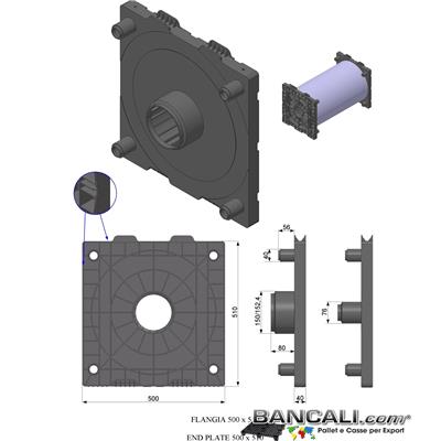 Porta Bobine mediante 2 Flange. La flangia in Plastica 500x500mm con cono da 152mm ( 6 Pollici) è utilizzata come supporto di  bobine di film; Sovrapponibili a più stadi o Livelli. Peso Kg. 4.5 Venduta o conteggiata per pezzo singolo.