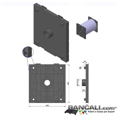 Flangia-800x840-Cono-6-Pollici-152.mm-Ly - Flangia Quadrata in Plastica 800x840 mm. destinata all'uso di porta bobine in sospeso; con Cilindro sporgente INCORPORATO di Diametro 152 mm. ( = a  6 Pollici) e altezza 80mm. di colore Nero, Kg. 8,3; da introdurre nelle Anime delle Bobine 