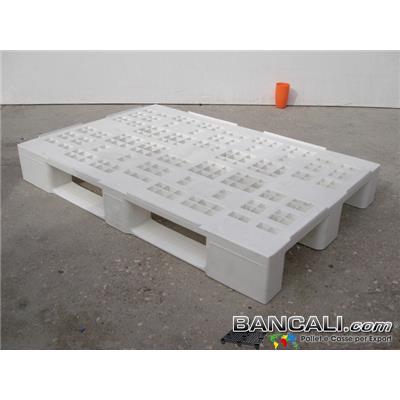 EuroPallet  in Plastica Sovrapponibile 80x120 Igienico, Atossico di colore Bianco, Fessurato a Quadrati Variabili; con 3 slitte sotto. Peso Tara: 14 Kg.