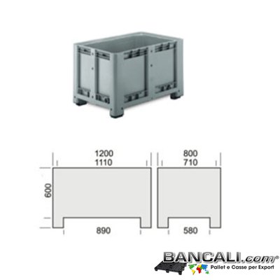 Pallet Box in plastica 800x1200 h.760 mm. Contenitore in Materiale HDPE  Vergine di prima Fusione, per uso Universale di colore Grigio con 4 Piedi. Capacità 500 Litri. Peso Tara 31 Kg.