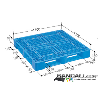 Per110h15HGD - Bancale  Quadrato Azzurro 1100x1100  h.15 in Plastica HDPE, provvisto di gommini; Portata su Forca 2000 Kg. (2 Tons) idoneo alla Portata di 4 Fusti da 250 Kg. L'un. Sovrapponinbile a 2 Livelli con 8 Fusti. Peso Tara 10 Kg.