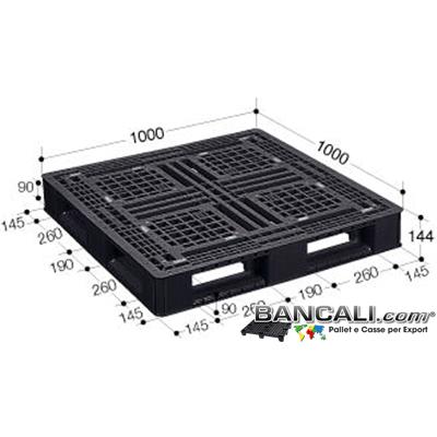 Perim1000h144 - Bancale Perimetrale 1000x1000 Quadrato Sovrapponibile Robusto colore Nero con gommini antiscivolo sopra e sotto il pianale. Tara Peso: Kg. 13,8 Bancale 4 Vie con Transpallet e Muletto.