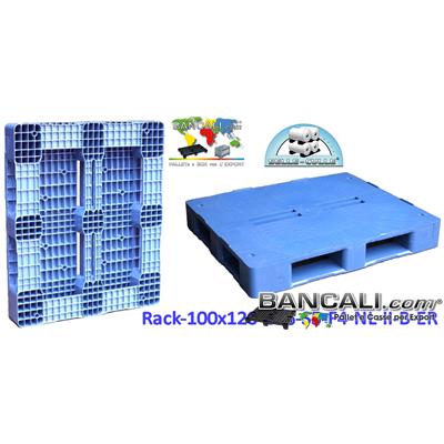 Bancale Rettangolare in Plastica 1000x1200 mm. CP6 Piano Chiuso con 4 Fessure al centro e 5 Slitte sotto; Colore Blue. Dotato di Bordini o denti alternati sul pianale sopra alle estremità perimetrali. Per rulliere o Rullovie Peso  30 Kg.