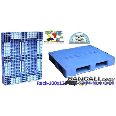 Rack-100x120-CP6-S5-F4-NL-II-B-ER - Bancale Rettangolare in Plastica 1000x1200 mm. CP6 Piano Chiuso con 4 Fessure al centro e 5 Slitte sotto; Colore Blue. Dotato di Bordini o denti alternati sul pianale sopra alle estremit&agrave; perimetrali. Per rulliere o Rullovie Peso  30 Kg.