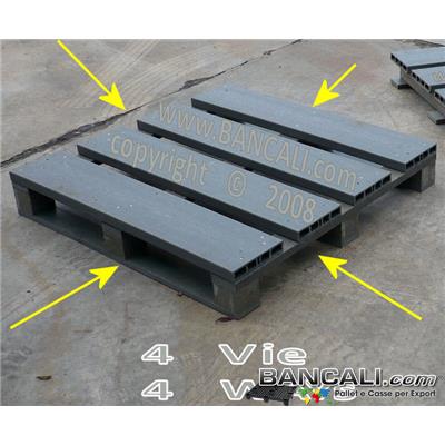 Bancale Quadrato 150x150 in Plastica, con tavole cannettate in Plastica,  ideale per essere imbullonato;  molto Forte e Robusto;  3 Slitte sotto  =  3 Binari; inforcabile su 4 Lati; Idoneo all' EXPORT Marittimo Peso Tara Kg.n 30