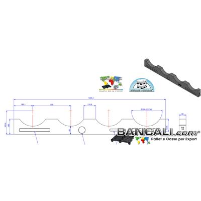 TKBC3L114D300LK - Base Trave Korona in Plastica Piena a 3 Culle o Gole Lunghezza 1100 mm. Diametro 12" pollici  o 300  mm. Rulli e Tubi Pesanti e Cilindri Tondini pieni. Vette h. 140 mm. a Valle 85 mm. Spessore 70 mm. Peso Tara. 10 kg.